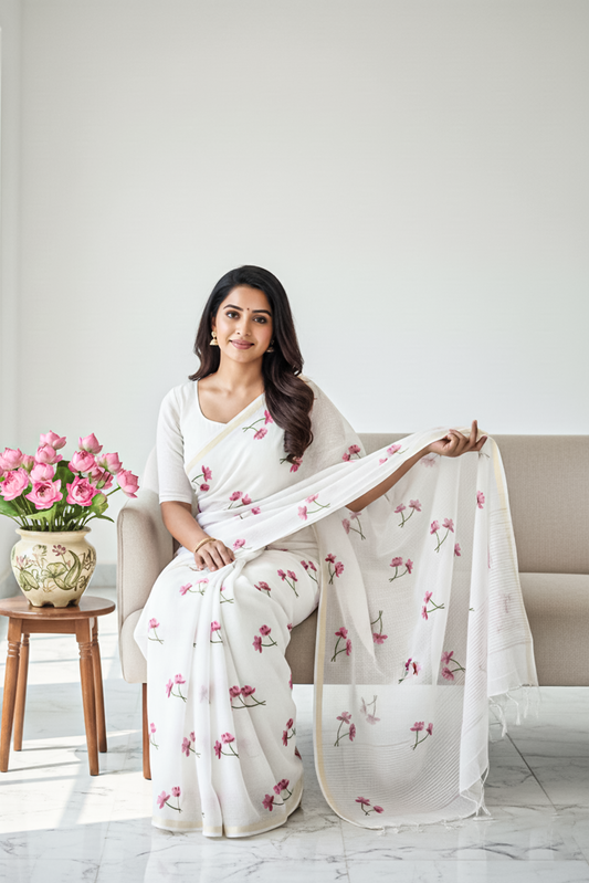 Blooming Blossom White Saree