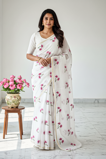 Blooming Blossom White Saree