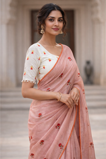 Blush Peach Kota Doria Saree with Floral Embroidery with stiched blouse