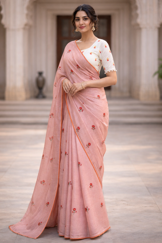 Blush Peach Kota Doria Saree with Floral Embroidery with stiched blouse