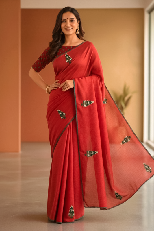 Christmas Edition Hand-Embroidered Christmas Tree Saree
