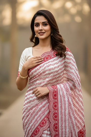 Classic White & Red Saree with Rich Red Embroidery