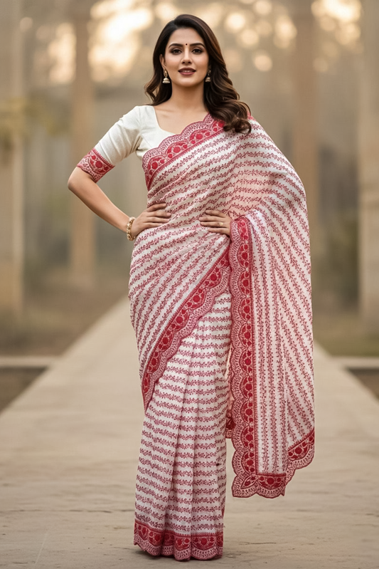 Classic White & Red Saree with Rich Red Embroidery