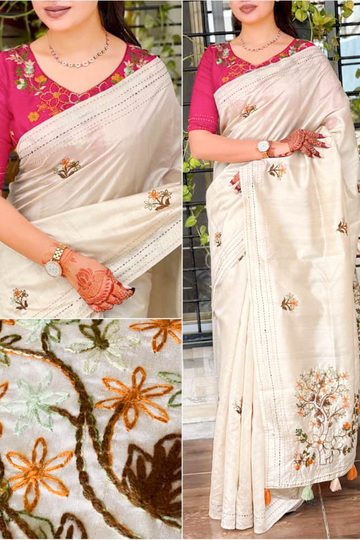 Design-Mishti Doi The rich tusser saree glows with fine thread kashmiri style Embroidery