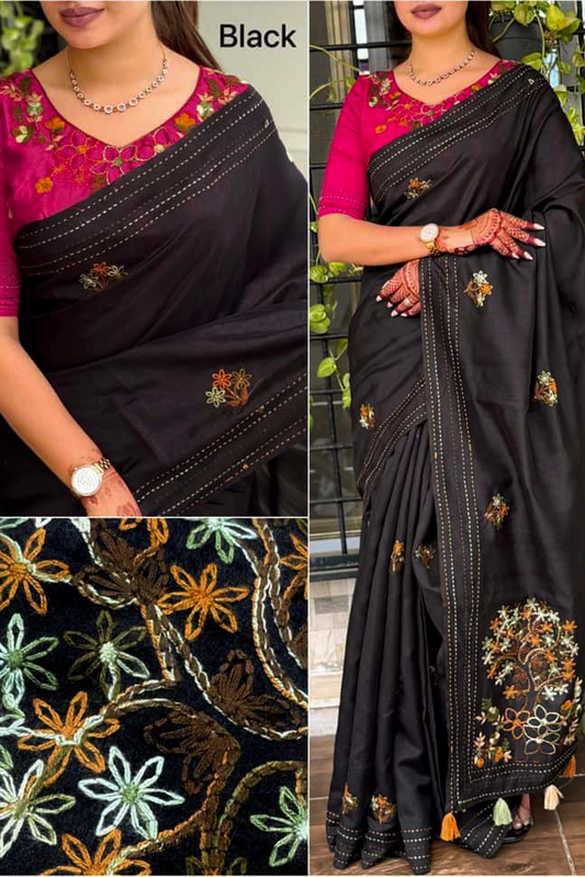 Design-Mishti Doi The rich tusser saree glows with fine thread kashmiri style Embroidery