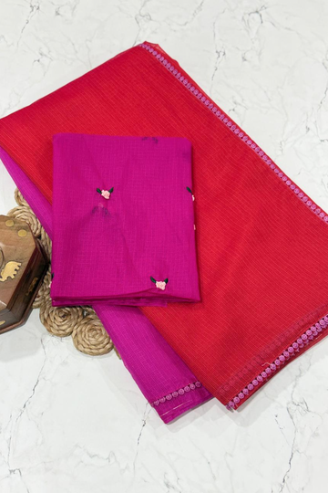 Dual-Tone Handloom Cotton Silk Saree with Floral Hand-Embroidered Blouse