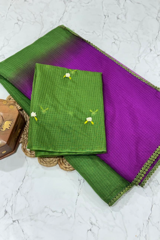 Dual-Tone Handloom Cotton Silk Saree with Floral Hand-Embroidered Blouse