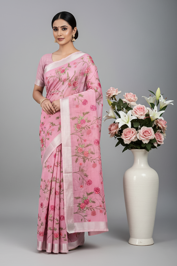 Hand-Embroidered Ivory Kota Doria Saree with Pink Rose Motifs