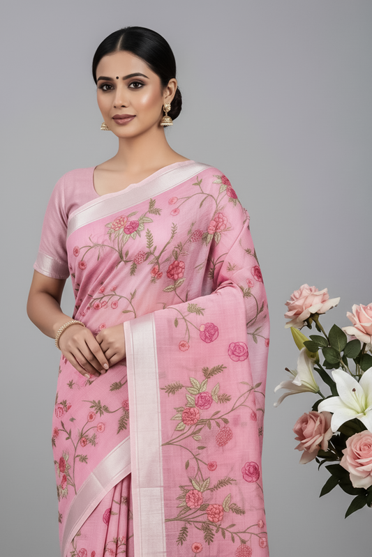 Hand-Embroidered Ivory Kota Doria Saree with Pink Rose Motifs