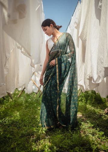 Natural dyed Dabu sarees - Malhar - Harita