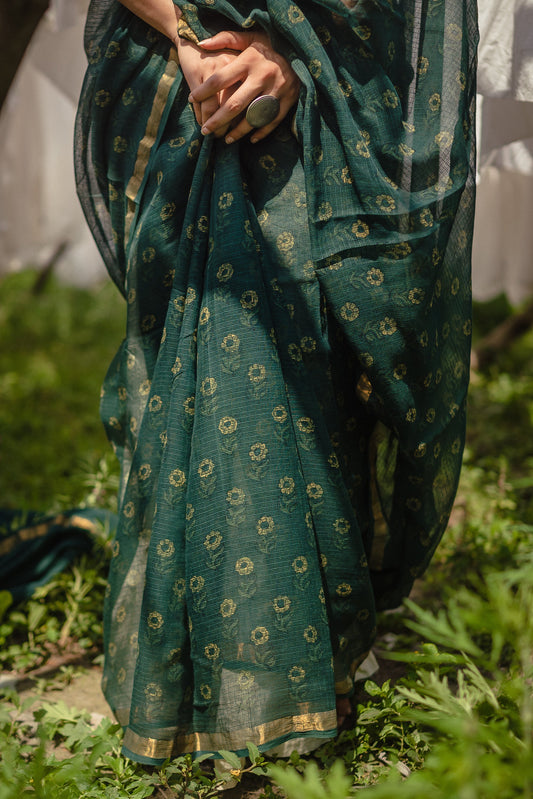 Natural dyed Dabu sarees - Malhar - Harita