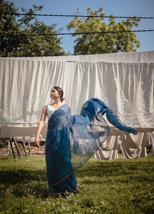 Natural dyed Dabu sarees - Malhar - Rajani