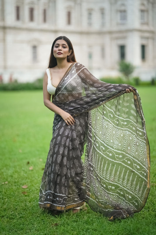 Natural dyed Dabu sarees - Malhar - Kahaani