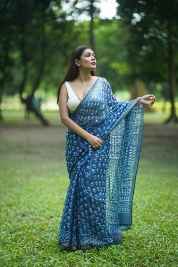 Natural dyed Dabu sarees - Malhar - Rajini