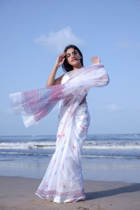 Evergreen printed Kota saree - Bagh- Flamingo