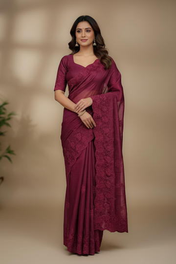 Magenta Floral Embroidered Designer Saree (Burgundy)