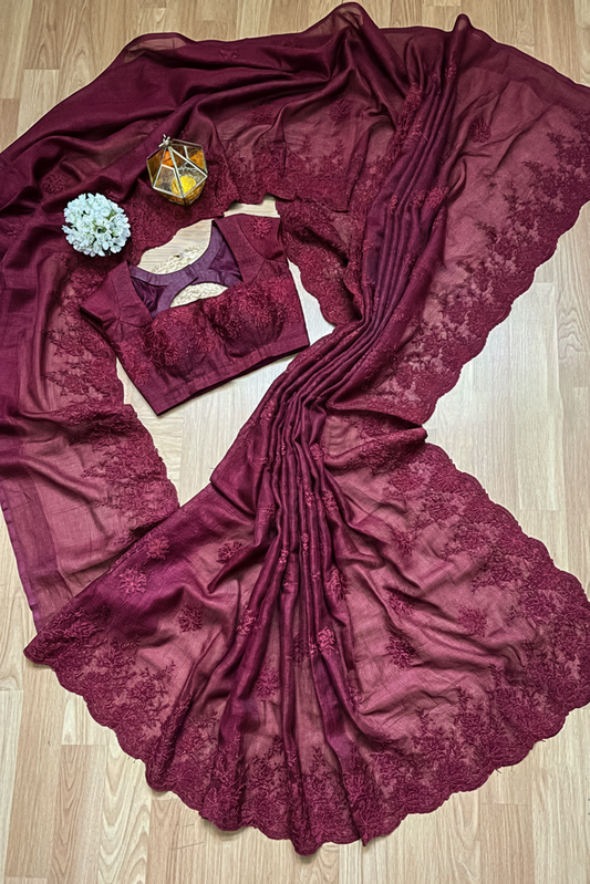 Magenta Floral Embroidered Designer Saree (Burgundy)