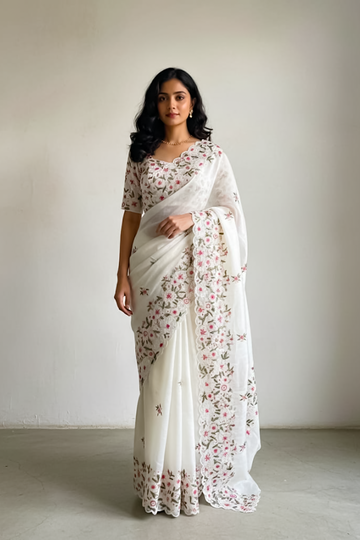 Premium Kota Doria saree with embroidery flower butties on all over the saree