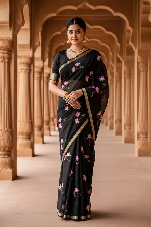 Primium Pure Kota Doria Silk With Lotus Mluty Thread Work