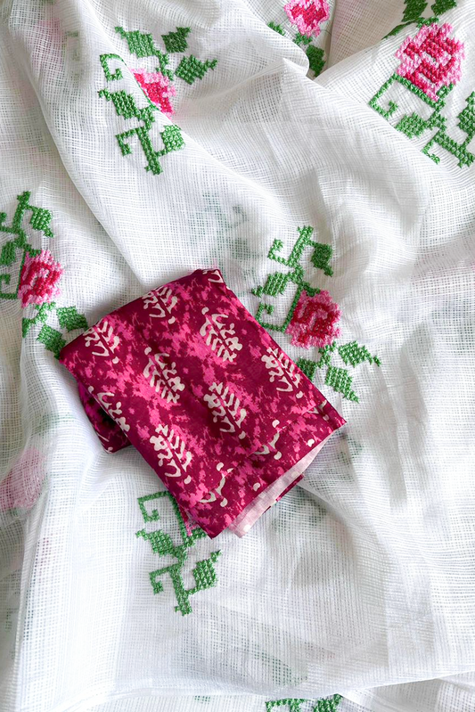 Pure White Floral Kota Doria Elegance