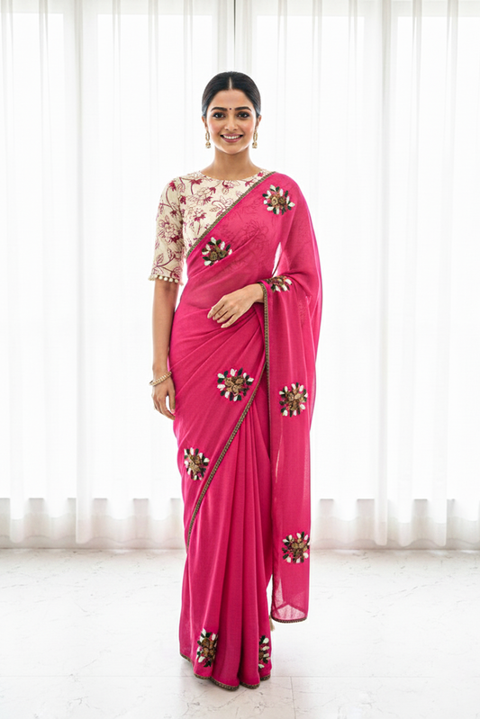 Subhkanya Primium Kota Doria With Knot Ancor work And Gpo Lace Border with stiched blouse