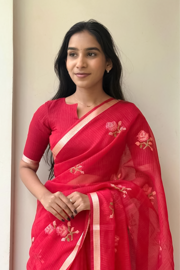 The Crimson Rose Embroidery Saree