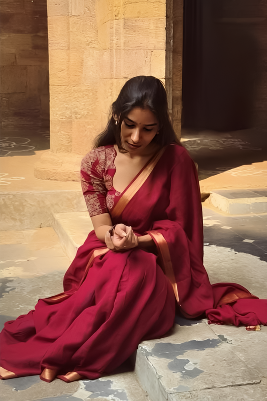 The Royal Noir Handloom Saree Mull Cotton Black & Marron