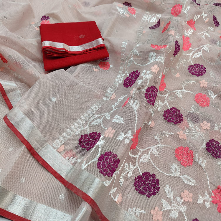 Pure Zari Kota Doria Handloom Pale Taupe Saree