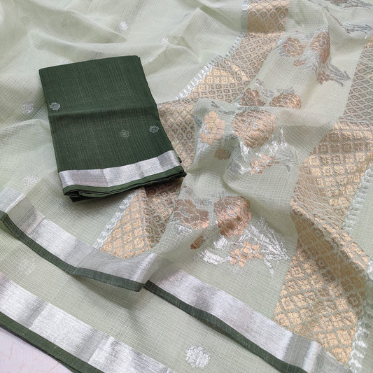 Pure Zari Kota Doria Handloom Light Green Saree