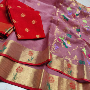 Pure Zari Kota Doria Handloom Dusty Rose Saree