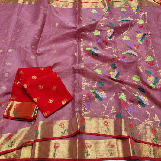 Pure Zari Kota Doria Handloom Dusty Rose Saree