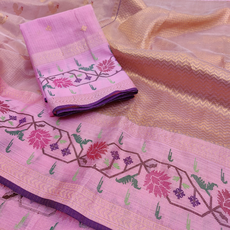 Pure Zari Kota Doria Handloom Dusty Rose Saree
