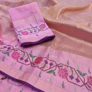 Pure Zari Kota Doria Handloom Dusty Rose Saree