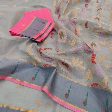 Pure Zari Kota Doria Handloom Pale Olive Gray Saree
