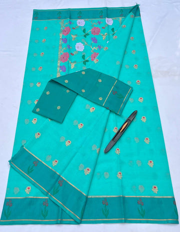 Pure Zari Kota Doria Handloom Aqua Green Saree
