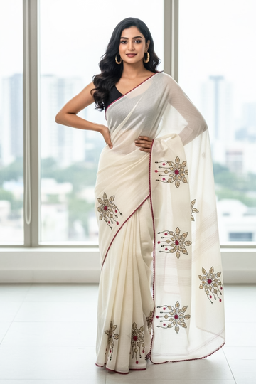 Whisper White Kota Doria Saree with Pop-Pink Trim Handwork saree