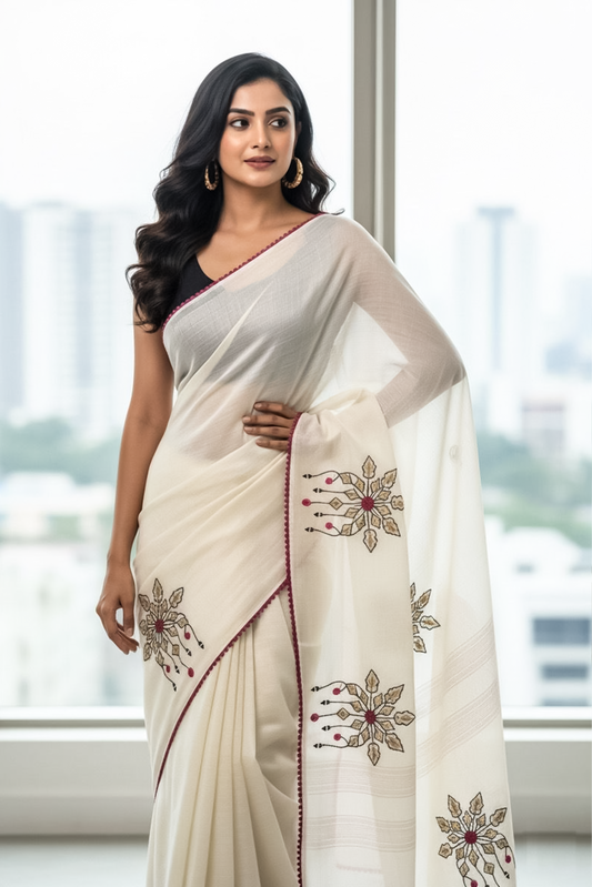 Whisper White Kota Doria Saree with Pop-Pink Trim Handwork saree