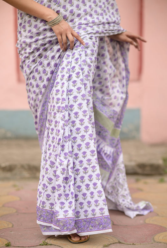 Aira tuilp purple cotton hanblockprinted cotton saree 004