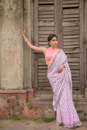 Aira pink tulip cotton hanblockprinted saree