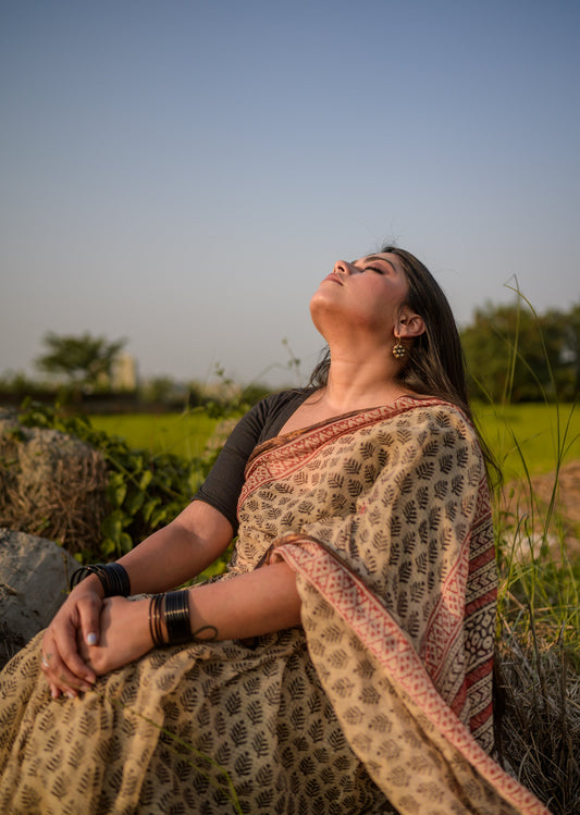 Natural dyed Bagru saree - Roheda Kota Mohini handblock printed saree