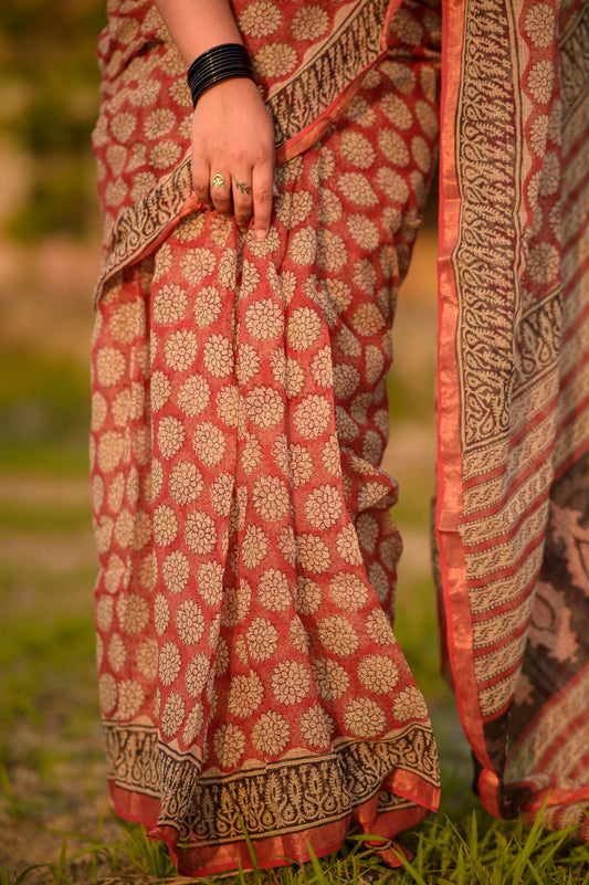 Natural dyed Bagru saree - Roheda Kota Chand handblock printed saree