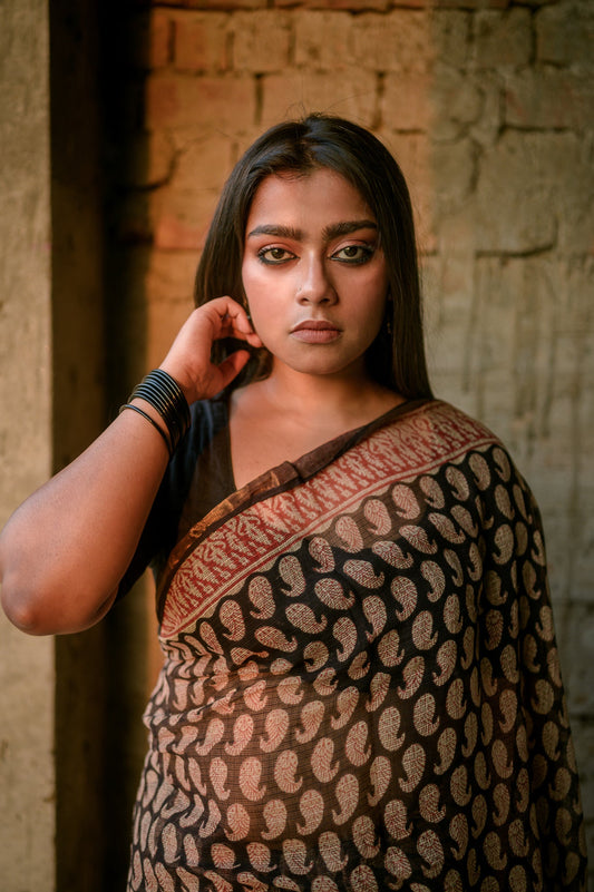 Natural dyed Bagru saree - Roheda- Kairi Kota handblockprinted saree