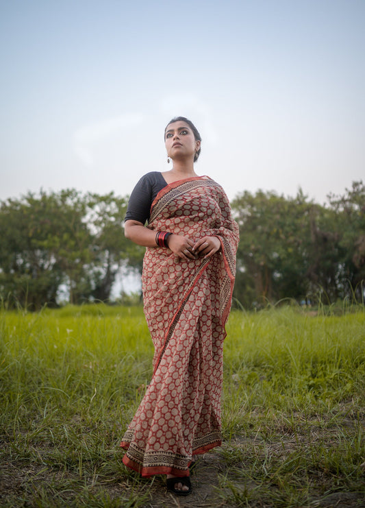 Natural dyed Bagru saree - Roheda Kota Kamal handblock printed saree