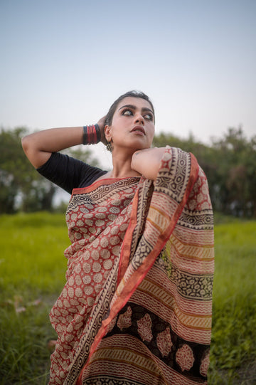 Natural dyed Bagru saree - Roheda Kota Kamal handblock printed saree