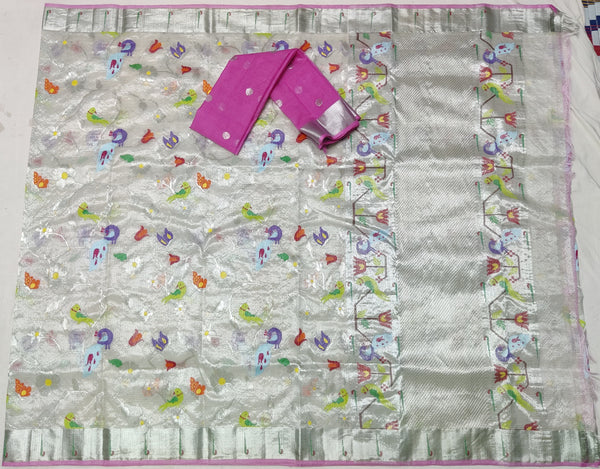 Rommina Kota Handloom Tissue Silk Sari with Real Silver Zari - White