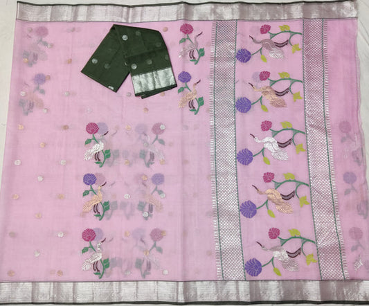 Janki Kota Handloom Silk Sari with real Silver Zari - Pink